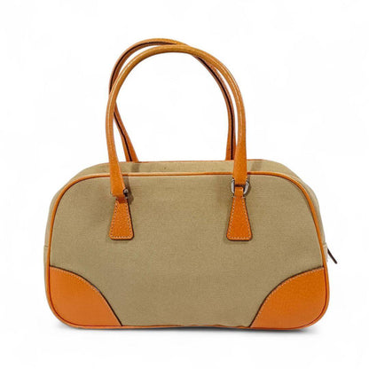 PRADA Hand Bag Tote Purse Logo Canvas Beige Orange Authentic