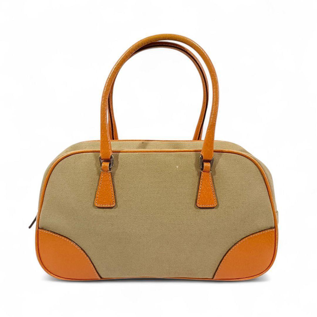 PRADA Hand Bag Tote Purse Logo Canvas Beige Orange Authentic
