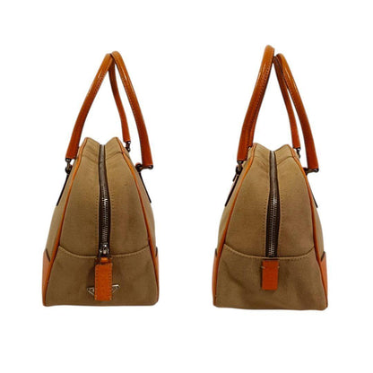 PRADA Hand Bag Tote Purse Logo Canvas Beige Orange Authentic