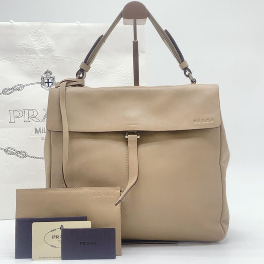 PRADA Hand Bag Tote Purse Nylon Leather Canvas Beige Authentic