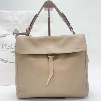 PRADA Hand Bag Tote Purse Nylon Leather Canvas Beige Authentic
