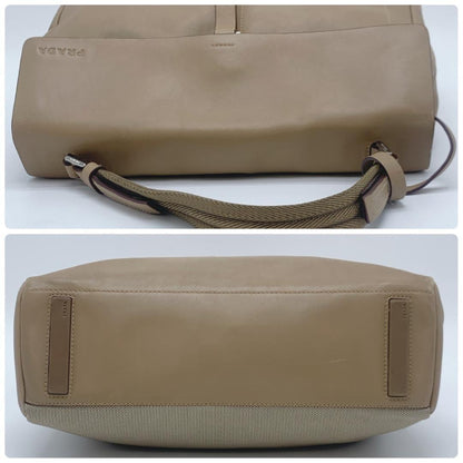 PRADA Hand Bag Tote Purse Nylon Leather Canvas Beige Authentic