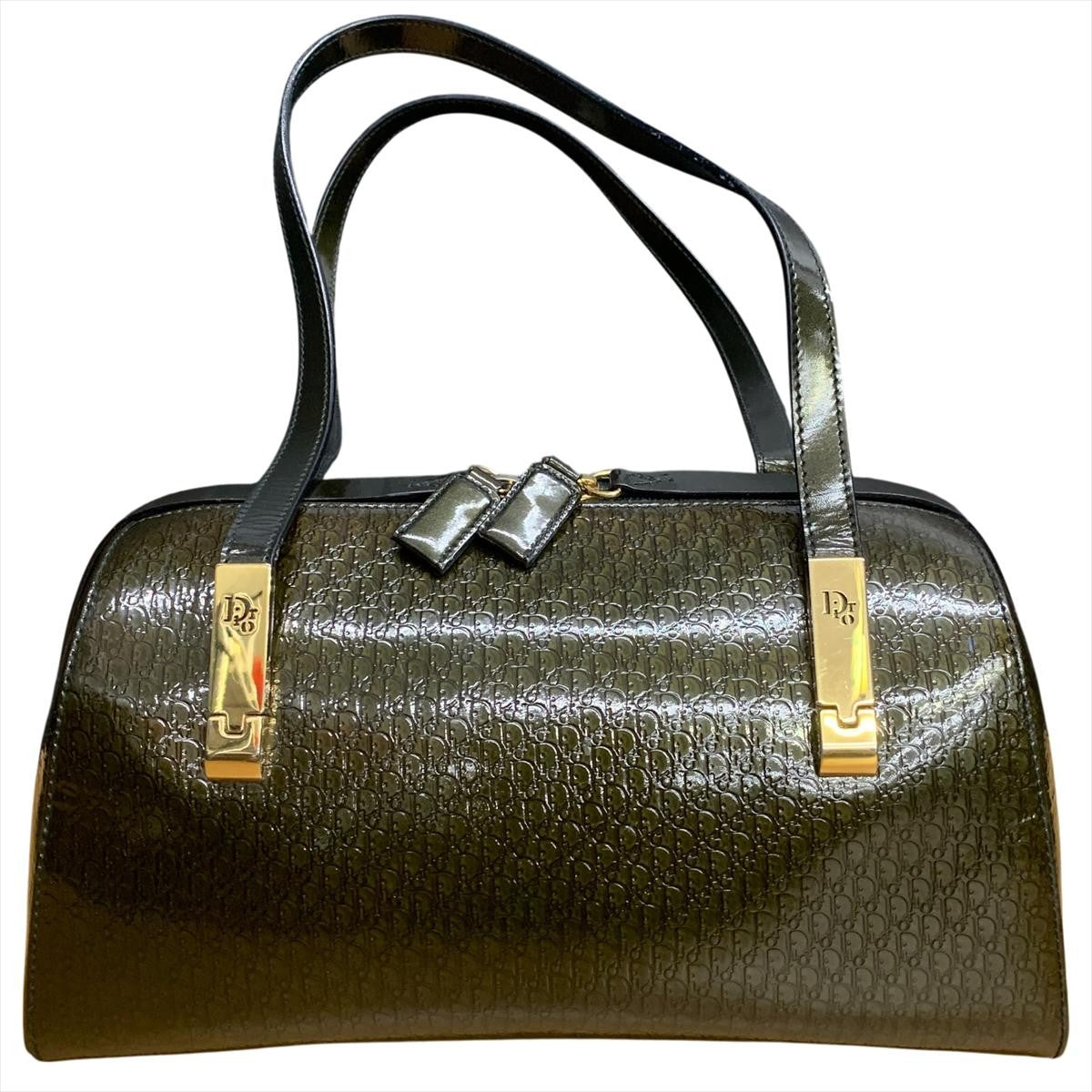 Christian Dior Hand Bag Tote Purse Mini Boston Bag Logo Dark Green Authentic