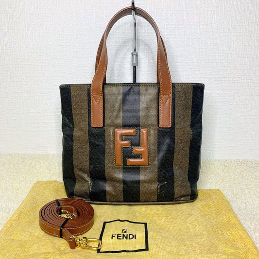 FENDI Hand Shoulder Bag Tote Purse 2way FF Pecan Stripe Authentic