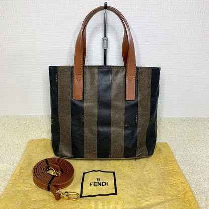 FENDI Hand Shoulder Bag Tote Purse 2way FF Pecan Stripe Authentic
