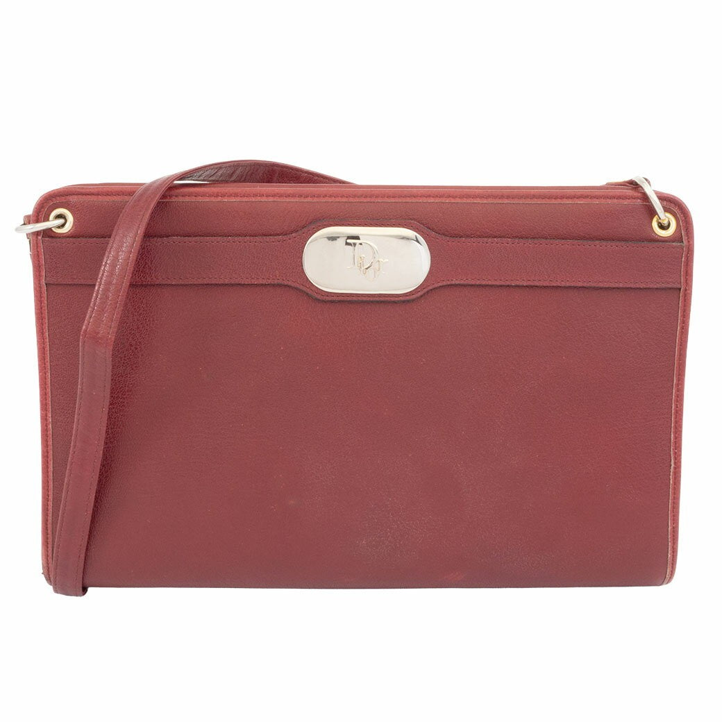 Christian Dior Shoulder Bag Purse Logo Leather Bordeaux Authentic