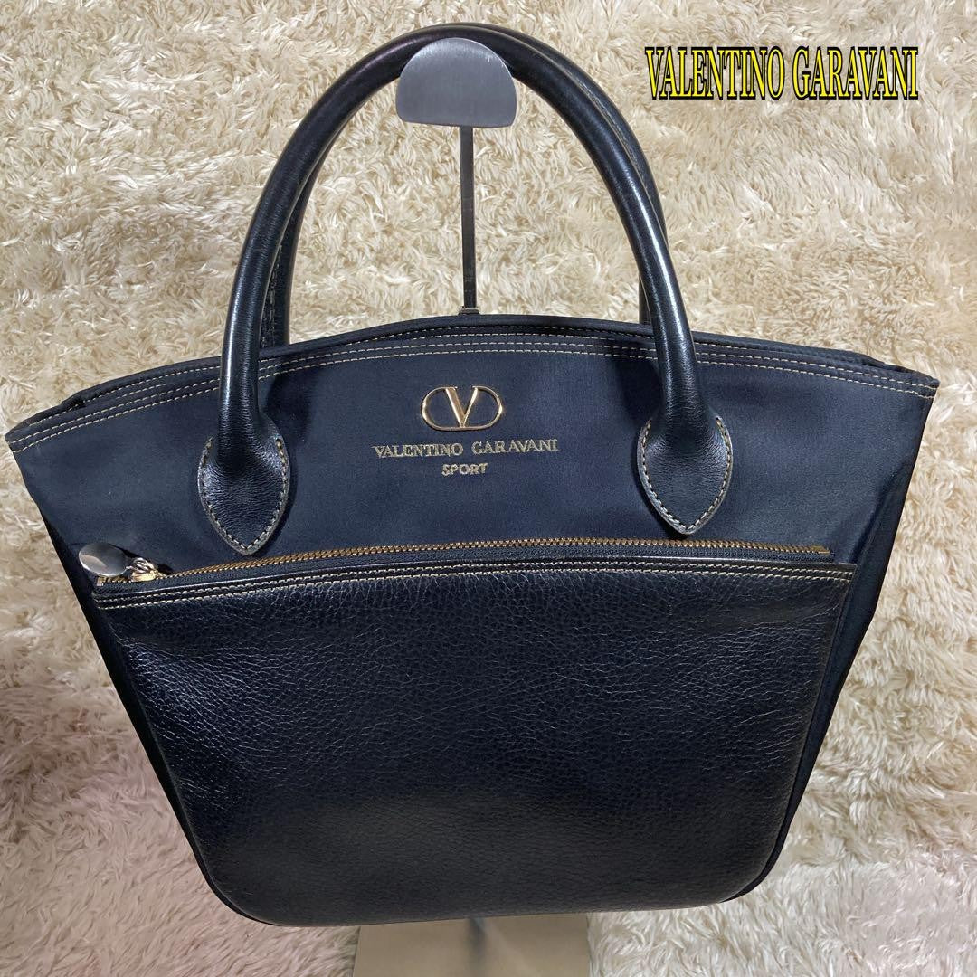 Valentino Garavani Hand Bag Tote Purse Logo Nylon Leather Black Authentic