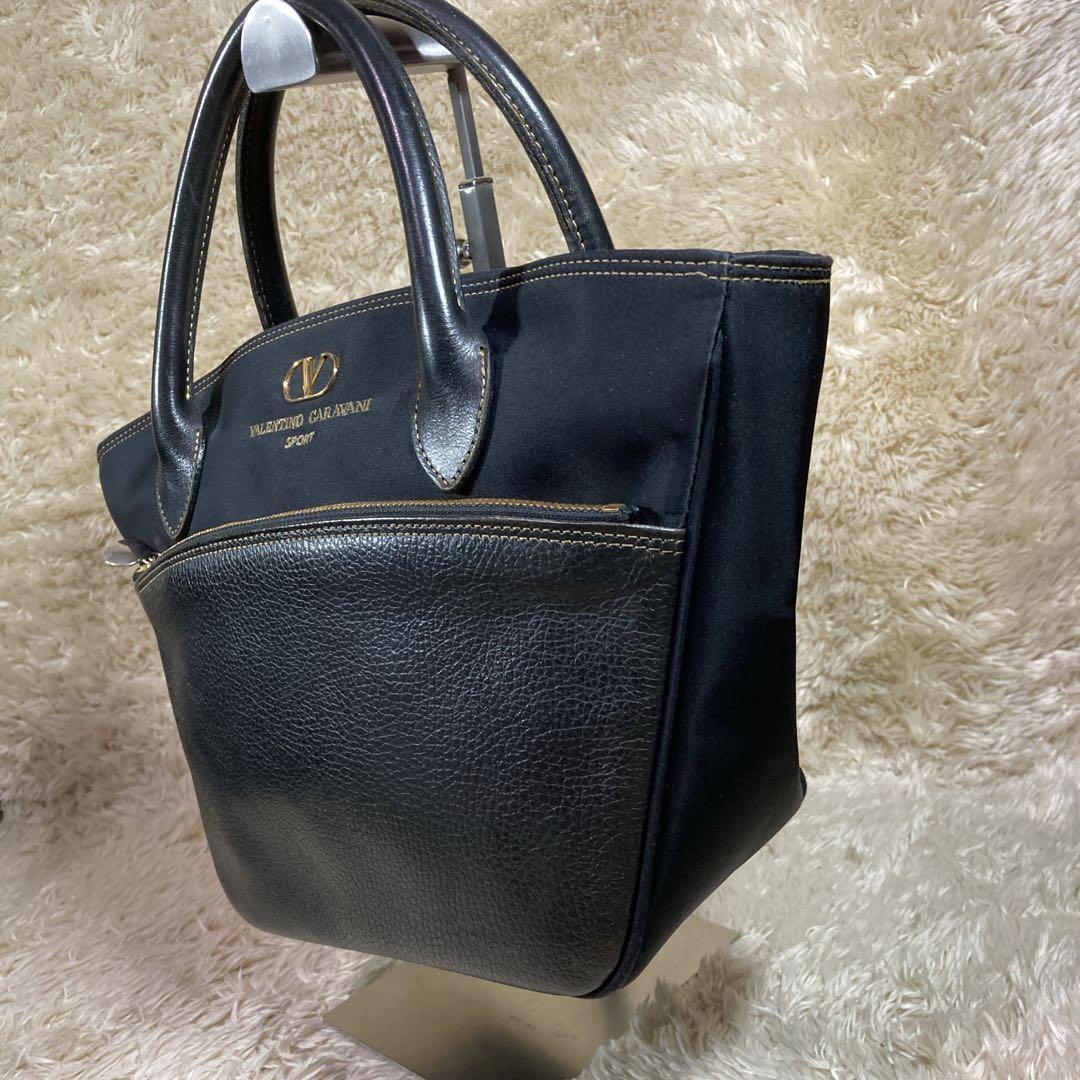 Valentino Garavani Hand Bag Tote Purse Logo Nylon Leather Black Authentic
