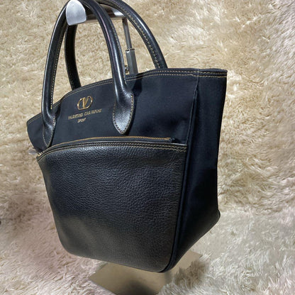 Valentino Garavani Hand Bag Tote Purse Logo Nylon Leather Black Authentic