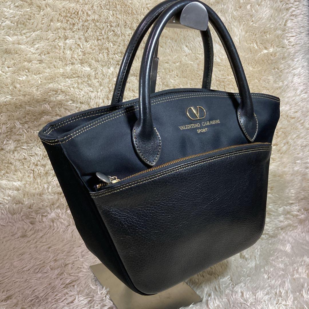 Valentino Garavani Hand Bag Tote Purse Logo Nylon Leather Black Authentic