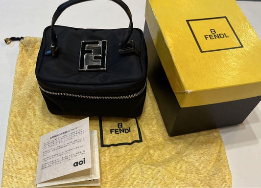 FENDI Vanity Bag Accessory Pouch Hand Bag FF Nylon Canvas Leather Black Auth