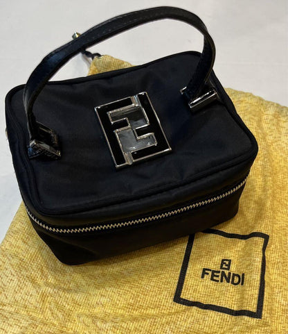 FENDI Vanity Bag Accessory Pouch Hand Bag FF Nylon Canvas Leather Black Auth