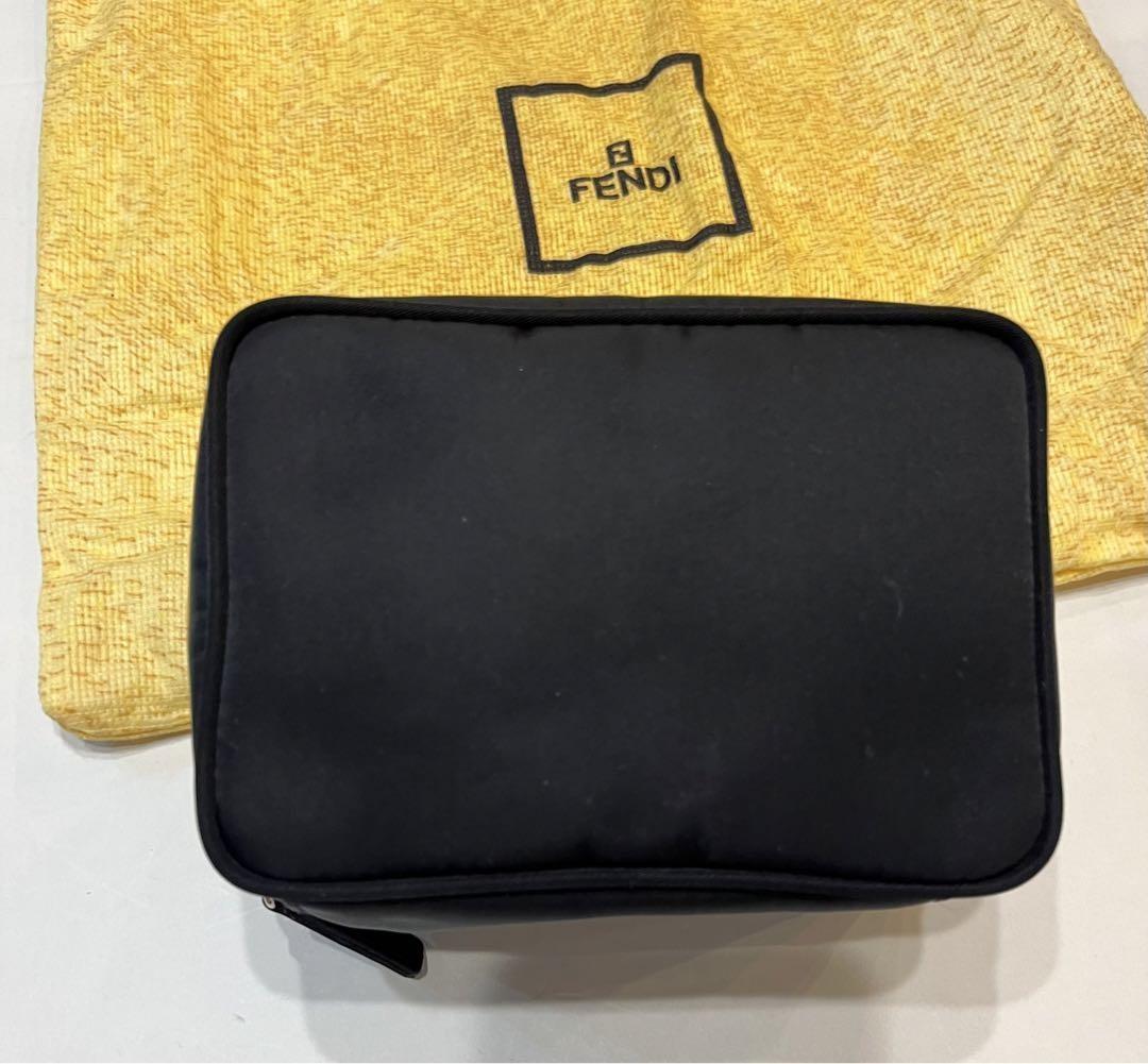 FENDI Vanity Bag Accessory Pouch Hand Bag FF Nylon Canvas Leather Black Auth