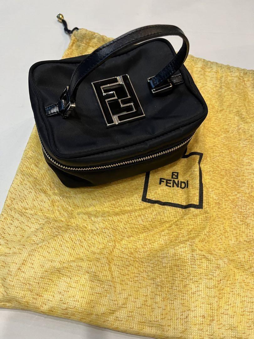 FENDI Vanity Bag Accessory Pouch Hand Bag FF Nylon Canvas Leather Black Auth