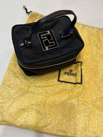 FENDI Vanity Bag Accessory Pouch Hand Bag FF Nylon Canvas Leather Black Auth