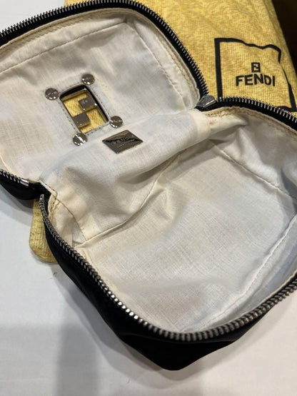FENDI Vanity Bag Accessory Pouch Hand Bag FF Nylon Canvas Leather Black Auth