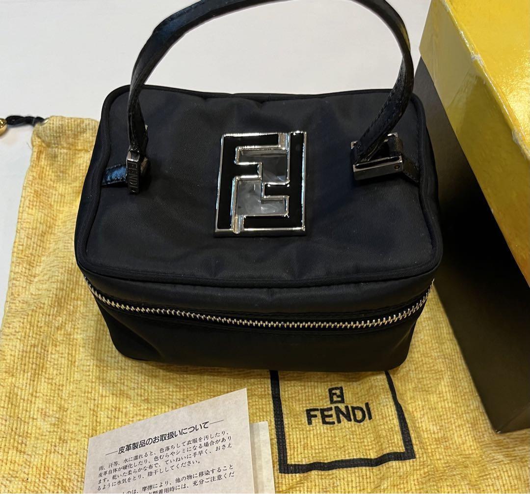 FENDI Vanity Bag Accessory Pouch Hand Bag FF Nylon Canvas Leather Black Auth
