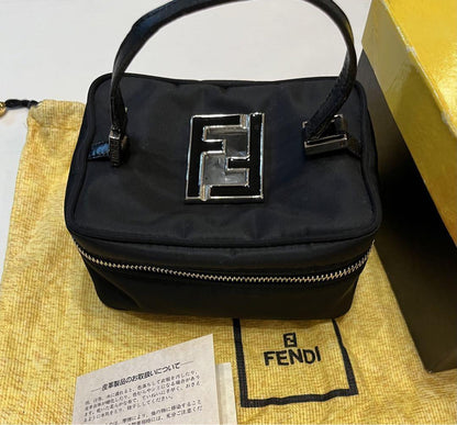 FENDI Vanity Bag Accessory Pouch Hand Bag FF Nylon Canvas Leather Black Auth
