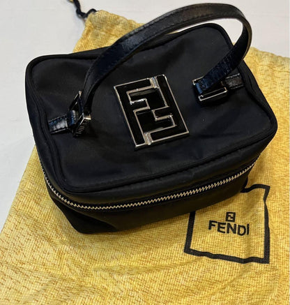 FENDI Vanity Bag Accessory Pouch Hand Bag FF Nylon Canvas Leather Black Auth