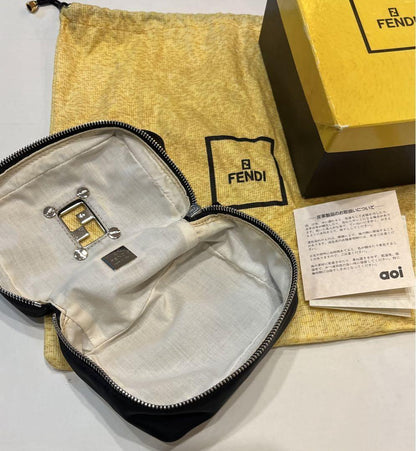 FENDI Vanity Bag Accessory Pouch Hand Bag FF Nylon Canvas Leather Black Auth