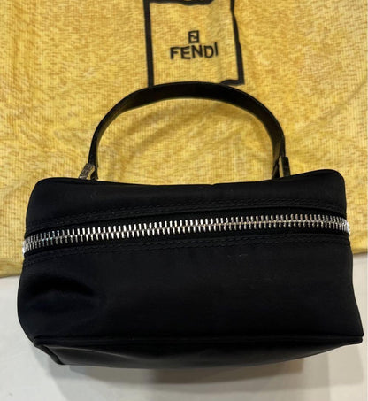 FENDI Vanity Bag Accessory Pouch Hand Bag FF Nylon Canvas Leather Black Auth