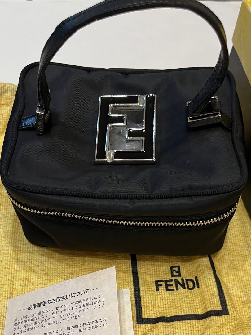 FENDI Vanity Bag Accessory Pouch Hand Bag FF Nylon Canvas Leather Black Auth