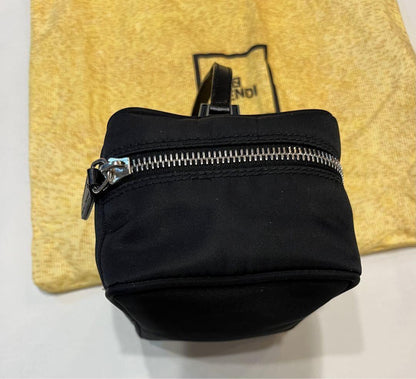 FENDI Vanity Bag Accessory Pouch Hand Bag FF Nylon Canvas Leather Black Auth