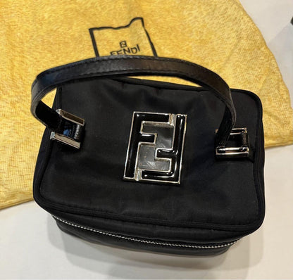 FENDI Vanity Bag Accessory Pouch Hand Bag FF Nylon Canvas Leather Black Auth