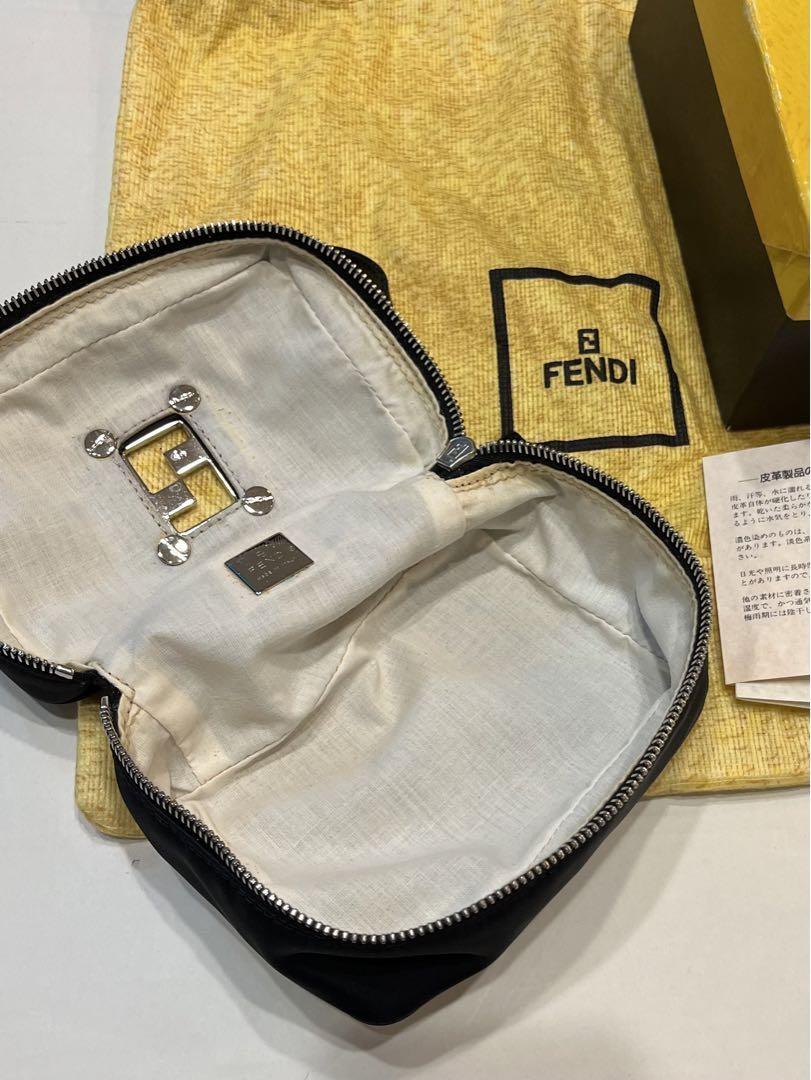 FENDI Vanity Bag Accessory Pouch Hand Bag FF Nylon Canvas Leather Black Auth