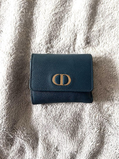 Christian Dior Tri-fold Wallet Compact Purse CD Emerald Blue Authentic