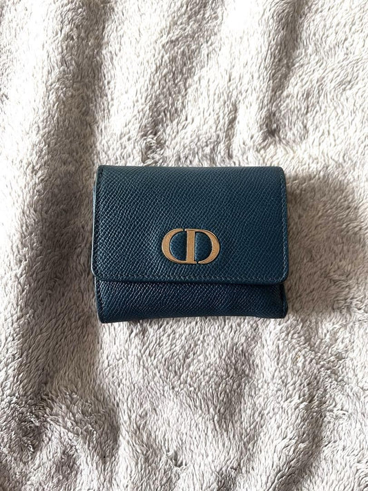 Christian Dior Tri-fold Wallet Compact Purse CD Emerald Blue Authentic