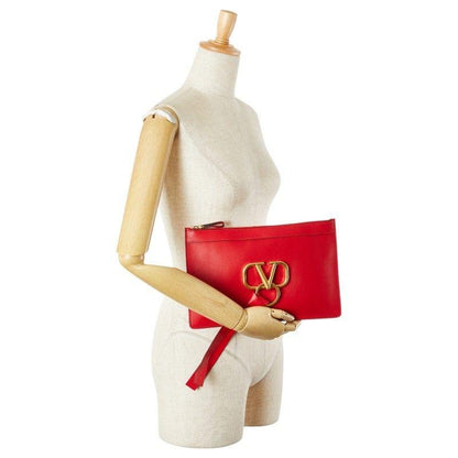 Valentino Garavani Clutch Bag Second Bag Logo Leather Red Authentic