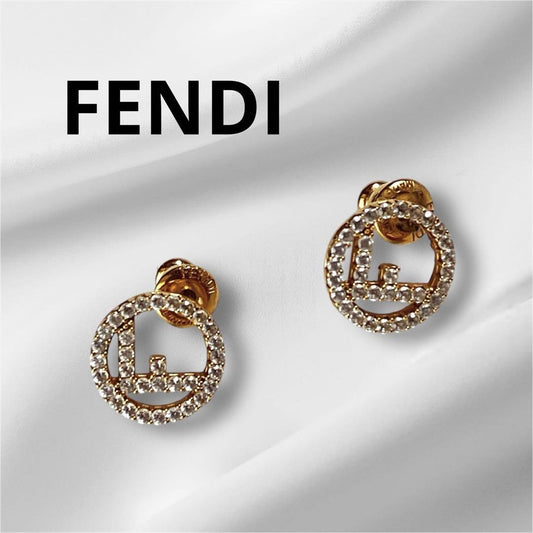 FENDI Earrings F Logo Rhinestone Metal Gold Women Accessory Authentic