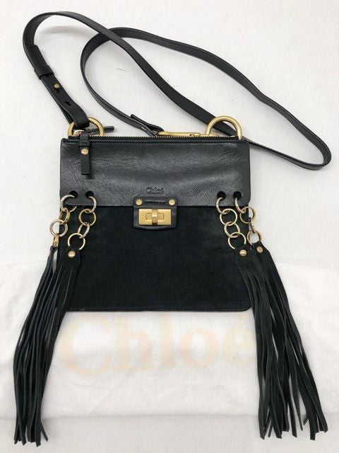 Chloe Shoulder Bag Purse Jane Tassel Fringe Suede Leather Black Authentic