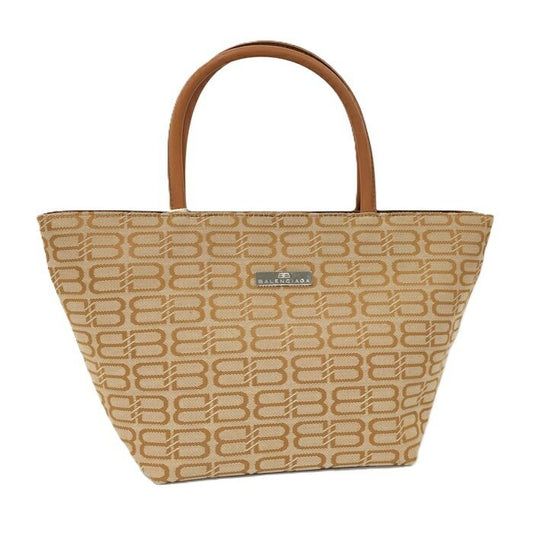 BALENCIAGA Hand Bag Tote Purse BB Canvas Leather Brown Beige Authentic