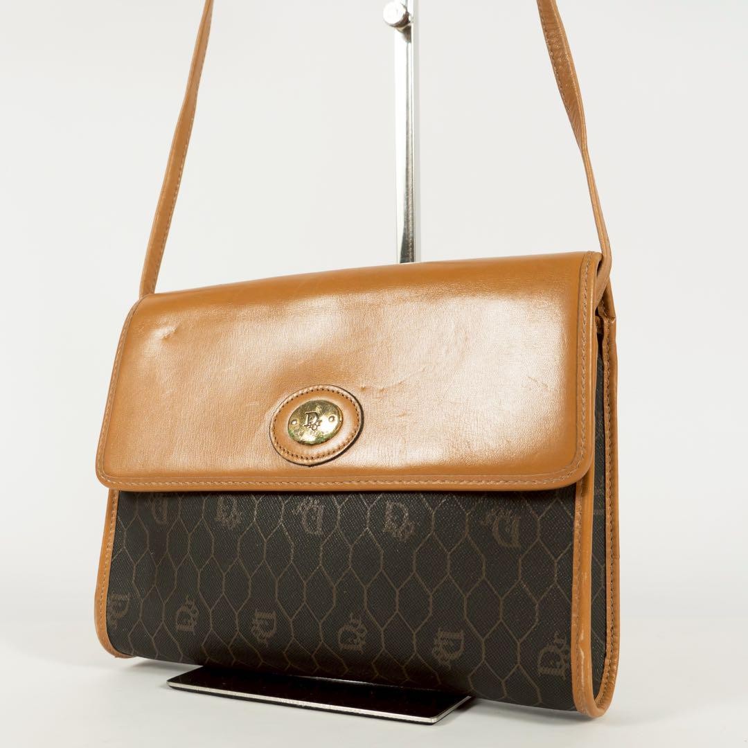 Christian Dior Shoulder Bag Purse Honeycomb Leather PVC Brown Authentic