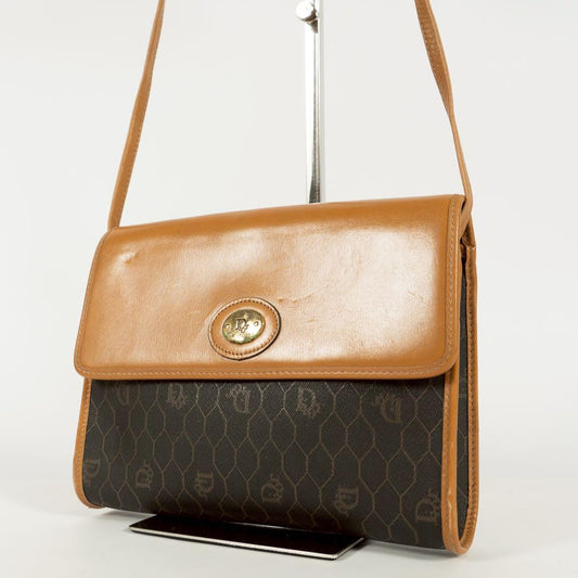 Christian Dior Shoulder Bag Purse Honeycomb Leather PVC Brown Authentic