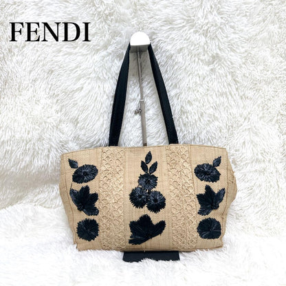 FENDI handbag Tote Purse light Brown flower embroidery Authentic Women's Used