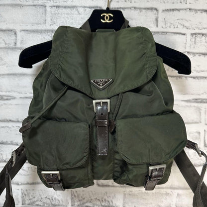 PRADA backpack Purse Logo Khaki Nylon Leather Used Women's Men's Authentic