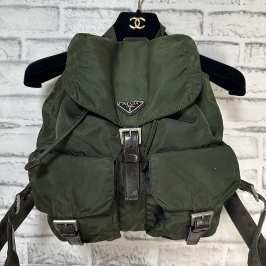 PRADA backpack Purse Logo Khaki Nylon Leather Used Women's Men's Authentic