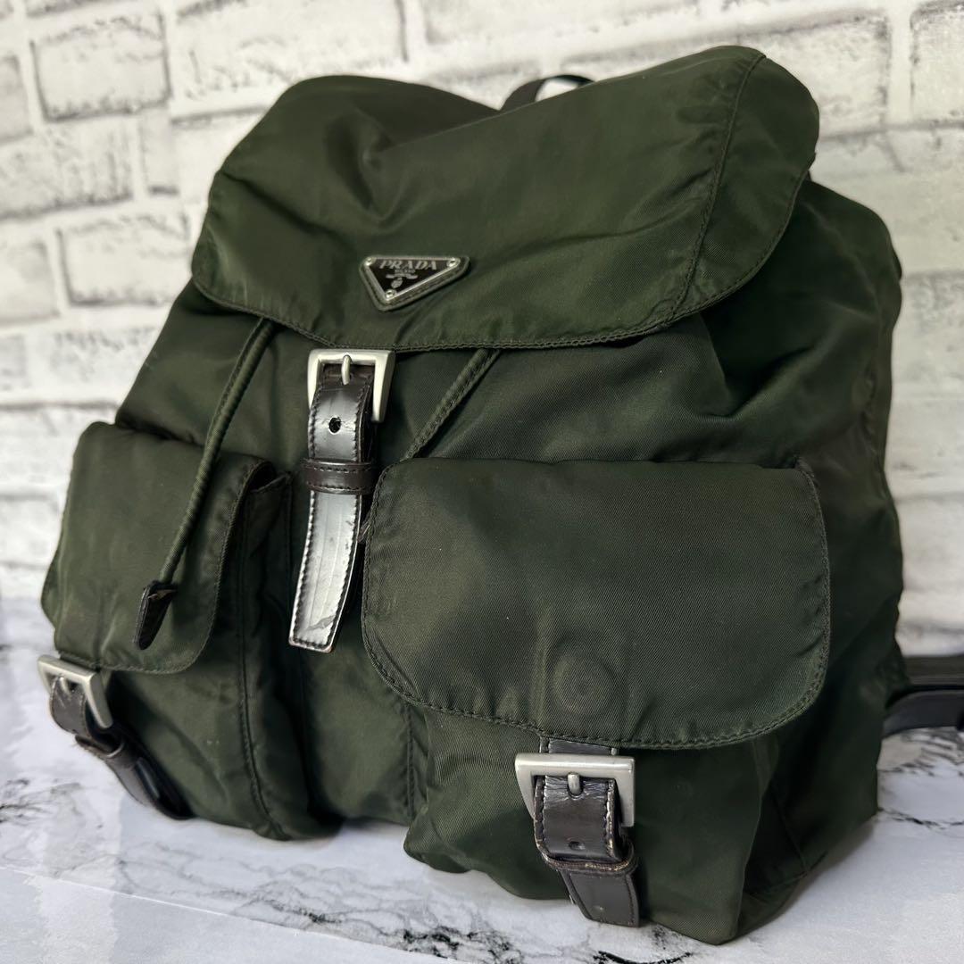 PRADA backpack Purse Logo Khaki Nylon Leather Used Women's Men's Authentic