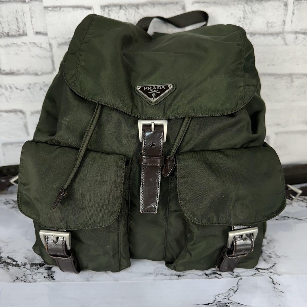 PRADA backpack Purse Logo Khaki Nylon Leather Used Women's Men's Authentic