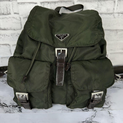 PRADA backpack Purse Logo Khaki Nylon Leather Used Women's Men's Authentic