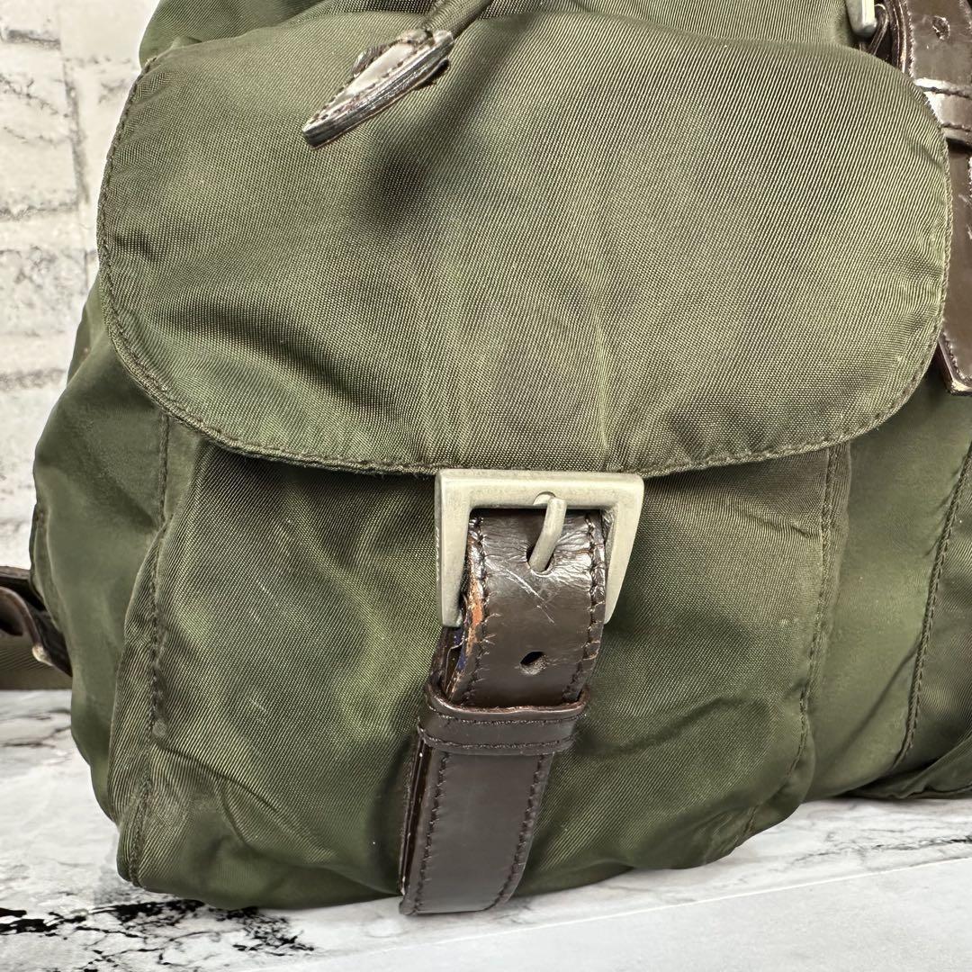 PRADA backpack Purse Logo Khaki Nylon Leather Used Women's Men's Authentic