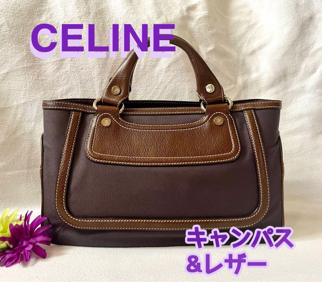 CELINE handbag Tote Purse Boogie Bag Brown Canvas Leather Authentic Used Women's