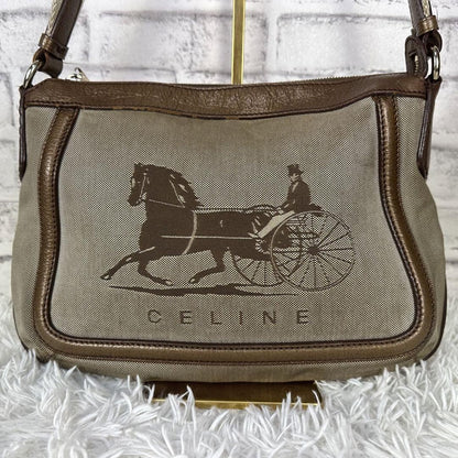 CELINE shoulder bag Purse Horse carriage Brown Canvas Leather Authentic Women's