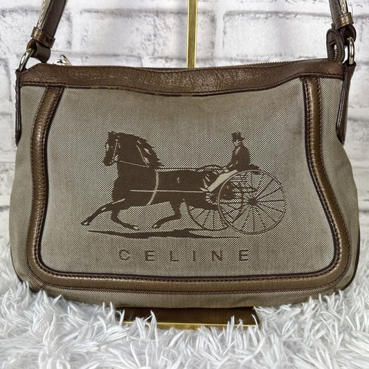 CELINE shoulder bag Purse Horse carriage Brown Canvas Leather Authentic Women's