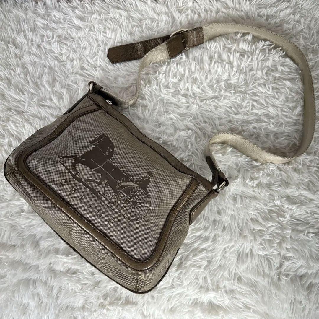 CELINE shoulder bag Purse Horse carriage Brown Canvas Leather Authentic Women's