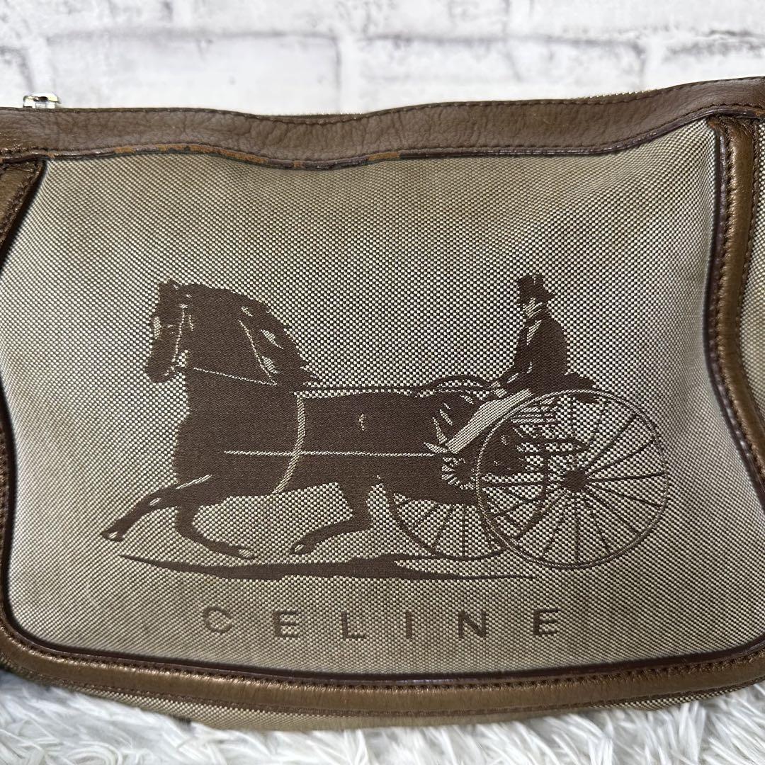 CELINE shoulder bag Purse Horse carriage Brown Canvas Leather Authentic Women's