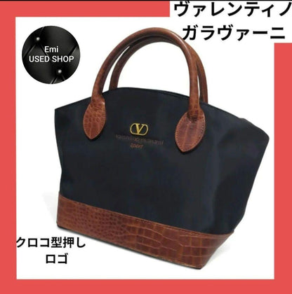Valentino Garavani Sport Hand Bag Tote Purse Logo Nylon Leather Black Brown Auth